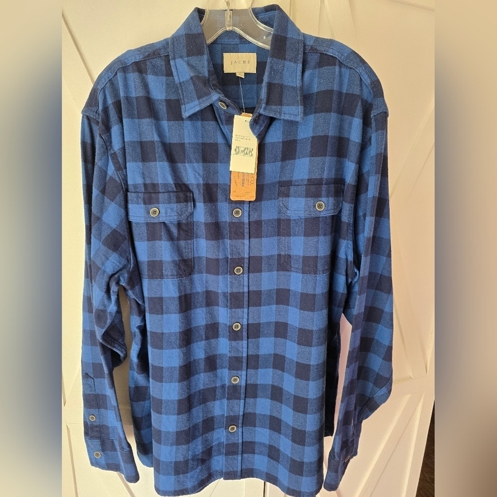 Jachs Men's Navy/Blue Long Sleeve Checkered Flannel Button Down Shirt - Picture 3 of 11